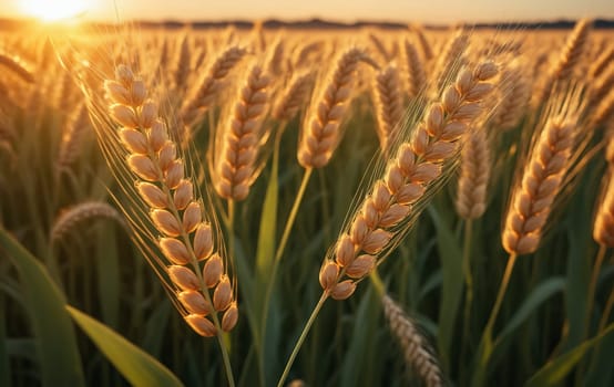 Wheat field at sunset. Ears of golden wheat close-up