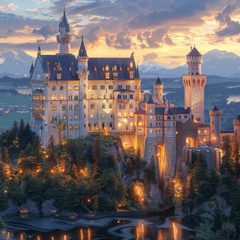 Majestic castle at twilight, digitally painted to evoke fairy tales and legendary stories.