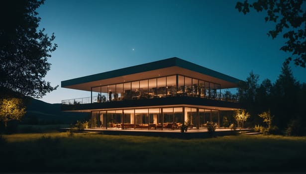 Modern house on the hill at night. Nobody inside. 3d rendering.