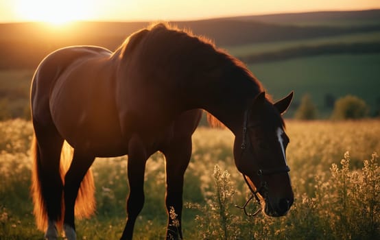 Beautiful horse grazing in meadow at sunset, close-up.