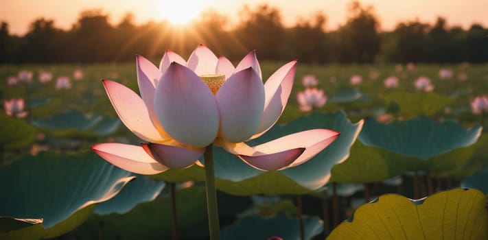 Beautiful lotus flower blooming in the pond at sunset