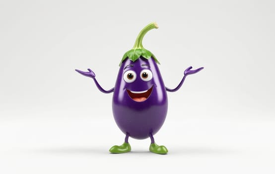 An animated eggplant with a lively facial expression and hands, set against a simple backdrop for a playful touch.