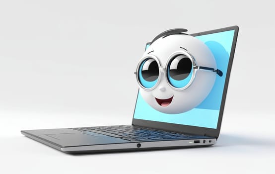 A laptop, also known as a personal computer, displaying a cartoon face on the screen. It is both an input and output device, with a touchpad for navigation and communication capabilities