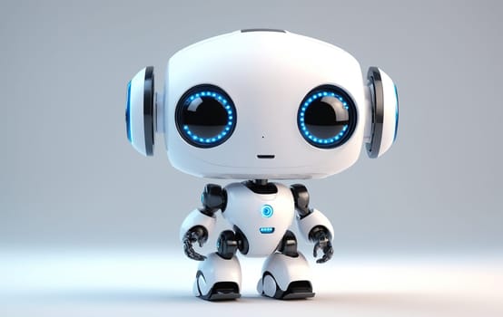 A white robot toy with blue eyes and headphones is perched on a white surface, resembling a futuristic machine. Its electric blue eyes glow as it stands in a perfect circle