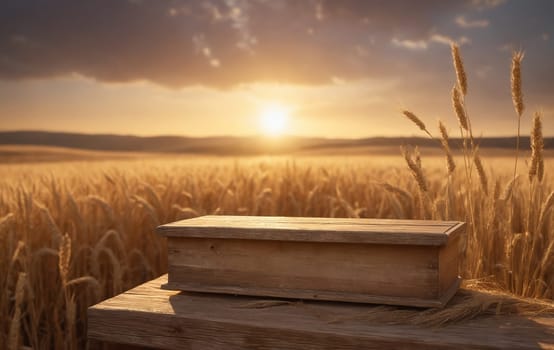 A rectangular wooden table is placed in the middle of a wheat field at sunset, surrounded by tall grass and with the horizon in the background