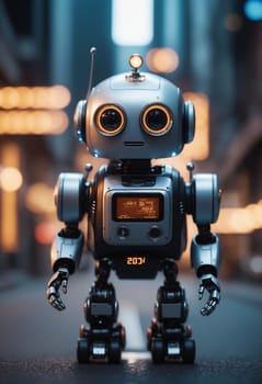 A toy robot with headphones is standing on a dark street. The small machine looks like a fictional character or action figure, with automotive lighting creating a pattern around it
