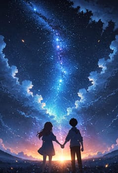 Two young people sharing a romantic moment, holding hands under the vast starry sky. The atmosphere is filled with love and happiness, surrounded by the beauty of nature