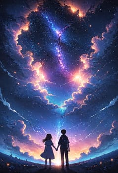 Two young people sharing a romantic moment, holding hands under the vast starry sky. The atmosphere is filled with love and happiness, surrounded by the beauty of nature