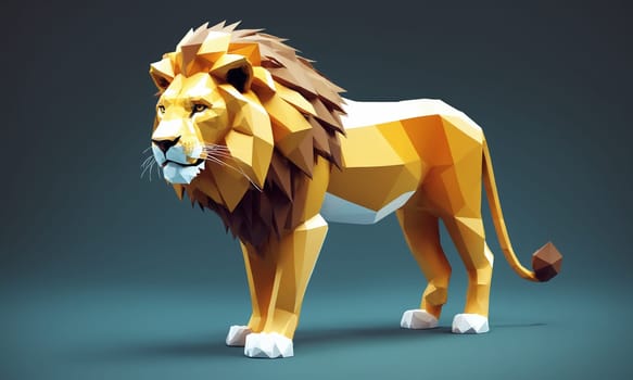 A low poly model of a lion, a carnivorous terrestrial animal from the Felidae family. The lion is standing on a blue surface, showcasing its majestic fur and powerful snout