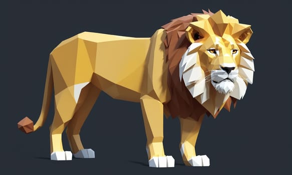 A low poly model of a lion, a carnivorous terrestrial animal from the Felidae family. The lion is standing on a blue surface, showcasing its majestic fur and powerful snout