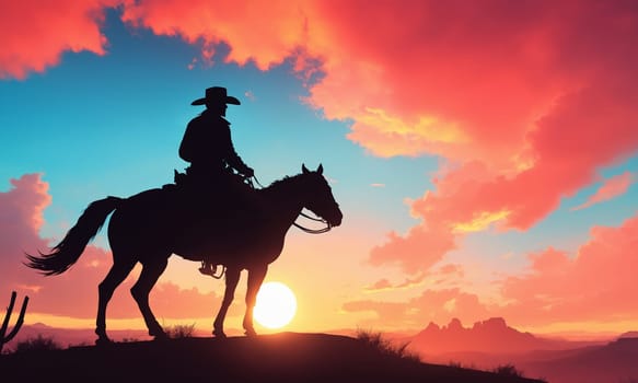 A cowboy is riding his horse through the landscape at dusk, with the sun setting behind the clouds in the colorful sky