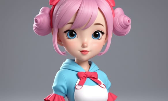 A happy cartoon girl toy with a head full of pink hair and eyes in electric blue. She is smiling and radiates in magenta and violet colors