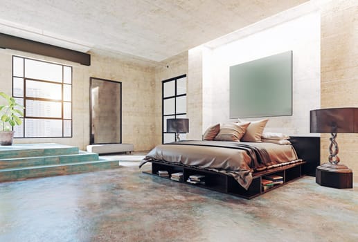 modern loft bedroom interior. 3d rendering concept