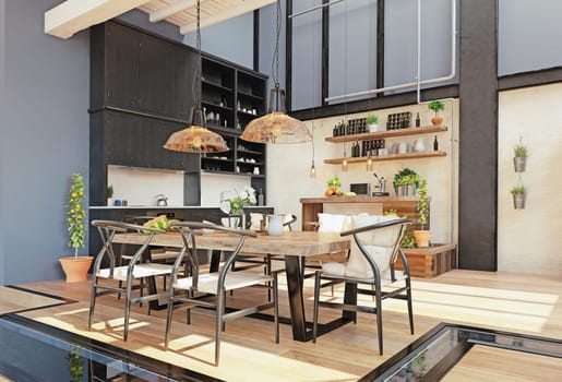 modern domestic kitchen interior. 3d rendering design concept