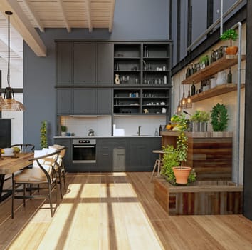 modern domestic kitchen interior. 3d rendering design concept