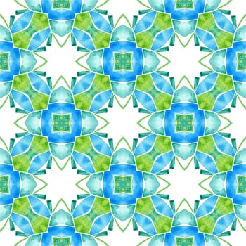 Watercolor ikat repeating tile border. Green artistic boho chic summer design. Textile ready sightly print, swimwear fabric, wallpaper, wrapping. Ikat repeating swimwear design.