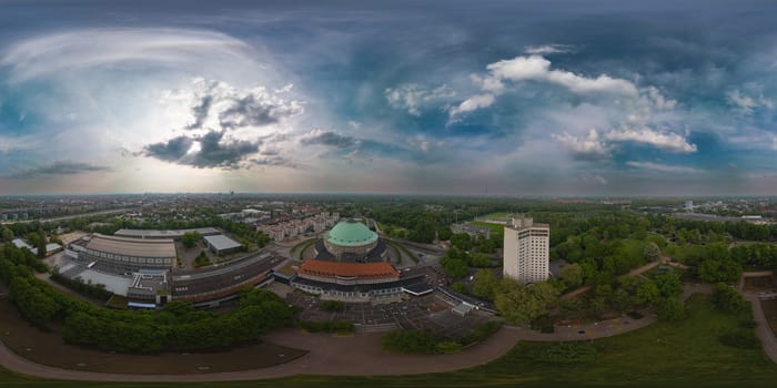 Hanover, Lower Saxony / Germany - May 24, 2023: Aerial view of the Hanover Congress Center. Hanover is the capital of the Lower Saxony region in Germany