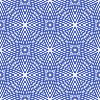 Tiled watercolor pattern. Indigo symmetrical kaleidoscope background. Textile ready neat print, swimwear fabric, wallpaper, wrapping. Hand painted tiled watercolor seamless.