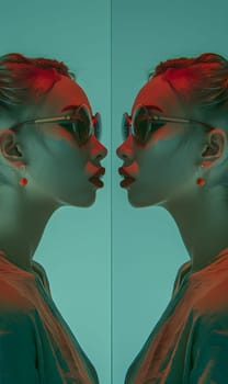 A woman with chin resting on her hand, wearing eyewear, examines her reflection in a mirror. Her eyes behind sunglasses show a hint of curiosity and her jaw slightly clenched