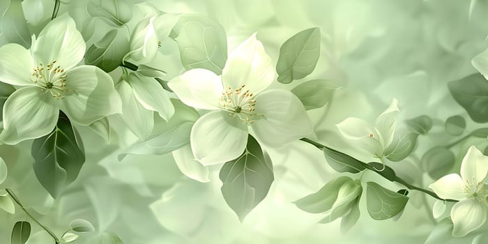 A cluster of white flowers with green leaves on a lush green background, showcasing a mix of annual plants, flowering plants, and terrestrial plants