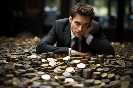 A sad man in a business suit in the middle of a huge pile of coins.