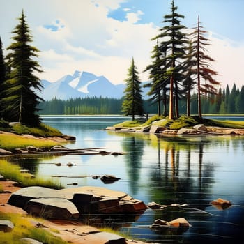 Nature's Serenade: A Majestic Landscape of Lake, Stream, and Pine Trees