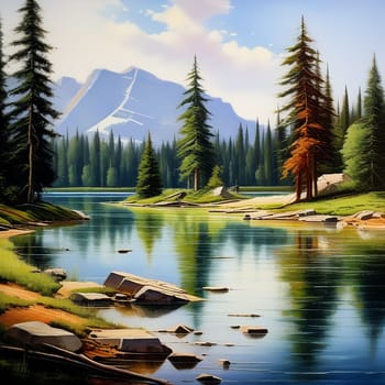 Reflections of Tranquility: Captivating Landscape of Lake, Stream, and Pine Trees