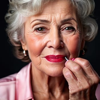 Graceful Transformation: Senior Woman's Close-Up in Front of the Bathroom Mirror