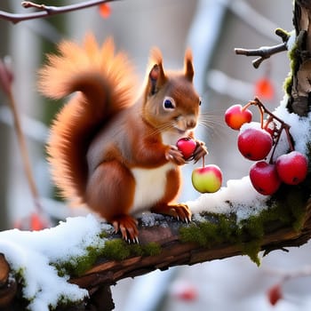 Red Squirrel Holding Fruit on a branch