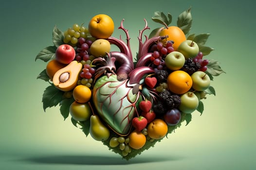 many different mix of fruits in the shape of a heart. AI generated image.