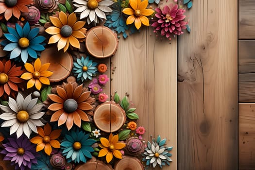 abstract background of flowers and old wood.. AI generated image.