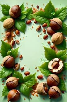 Hazelnuts with foliage isolated on green background, frame