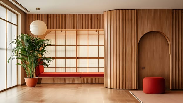 A living room featuring wooden walls, a red bench, a potted plant, and a red ottoman. The property includes a window, showcasing an interior design with wood fixtures and flooring