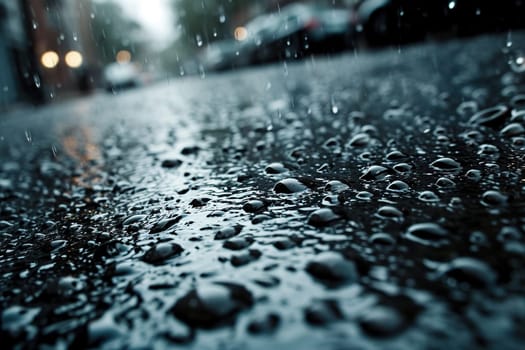 Large drops of rain on wet asphalt during rain.