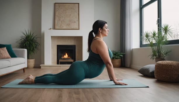 Large woman, yoga practice near sofa, leggings and top attire. Bright room, large window, floor-standing flower