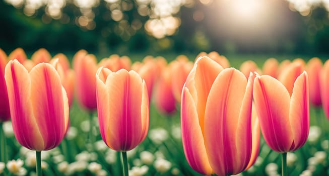 The image shows a field of pink tulips in bloom, with the sun shining down on them and casting a warm glow on the flowers.