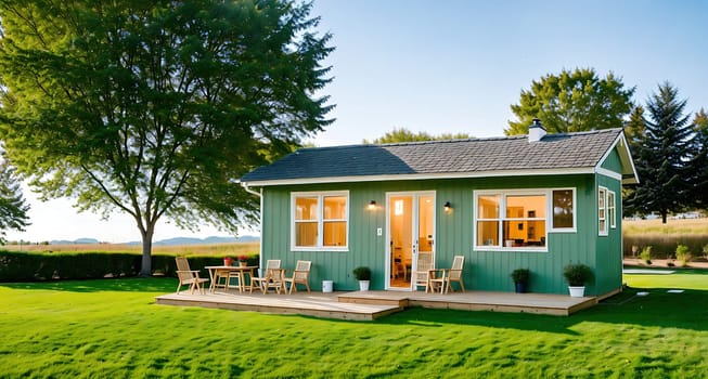 The image shows a small, white, two-story house with a green lawn in front of it.