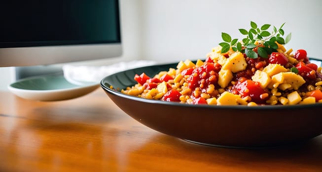 The image shows a bowl of pasta with vegetables and herbs on a wooden table in front of a computer monitor.