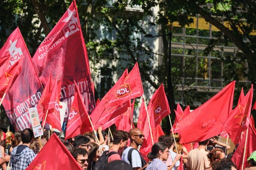 Lisbon, Portugal - April 25, 2023: Anniversary celebration of The Carnation Revolution aka the 25 April Revolution (25 de Abril) by demonstration march