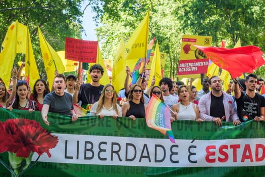 Lisbon, Portugal - April 25, 2023: Anniversary celebration of The Carnation Revolution aka the 25 April Revolution (25 de Abril) by demonstration march