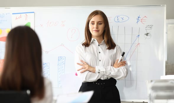 Portrait of Joyful female pointing at charts and graphs. Smart businesswoman standing at comfortable workplace and looking at somebody with calmness. Accounting office concept