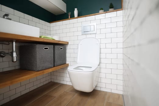 Toilet bowl, sink, shelves with boxes for storing things in toilet. Plumbing installation, repair and cleaning concept.