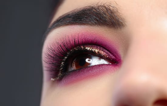 Close-up of female eye with bright trendy makeup. Professional maquillage in burgundy colors with golden glitters. Perfect long eyelashes. Beauty and decorative cosmetics concept