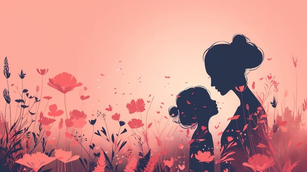 A silhouette of a mother and child standing in a field filled with colorful flowers. The mother is holding the childs hand as they both gaze out at the surrounding nature.