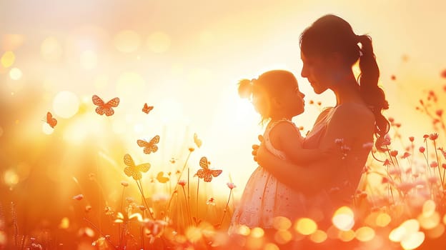 A mother and her daughter are standing together in a field filled with colorful flowers. The two are looking out into the distance, enjoying the beauty of nature surrounding them.