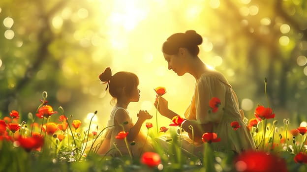 A mother and her daughter are sitting together in a field filled with colorful flowers. The mother is smiling at her daughter, who is picking flowers and presenting them to her.