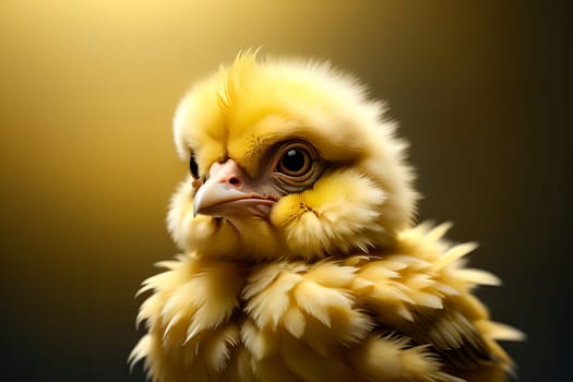 cute yellow chicken on green background . AI generated image.