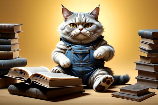 cute cat in denim overalls among books .