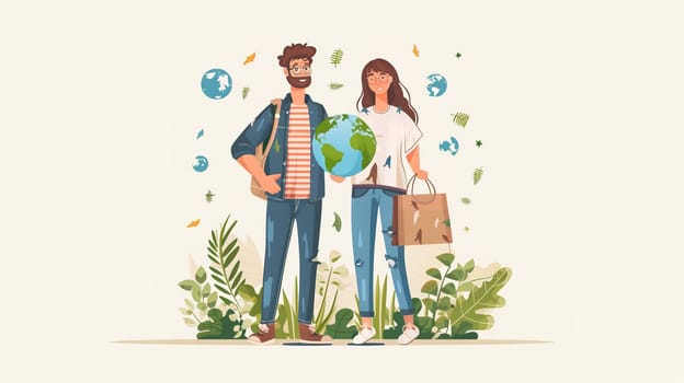 A cheerful young couple stands close together, each holding a representation of the Earth while surrounded by various plants, symbolizing their commitment to environmental protection and the celebration of Earth Day.