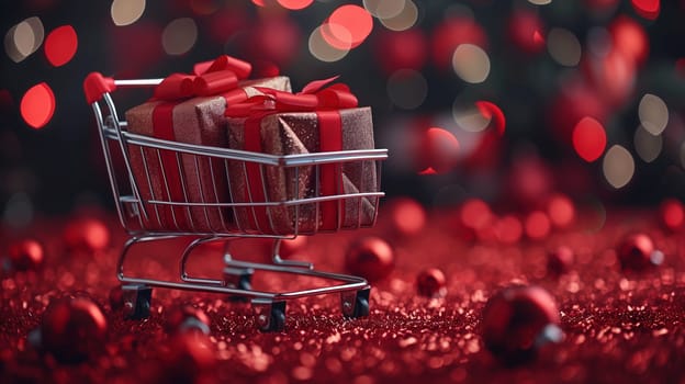 A shopping cart overflowing with gifts is parked on a vibrant red carpet, representing the holiday season and the excitement of Black Friday sales.